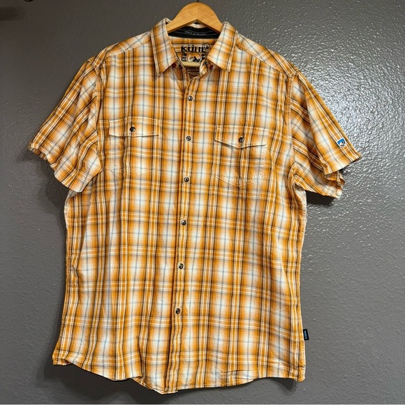 Kuhl Men's Mountain Grown Metal Button Down Short Sleeve Orange Plaid Shirt XL - Picture 1 of 6